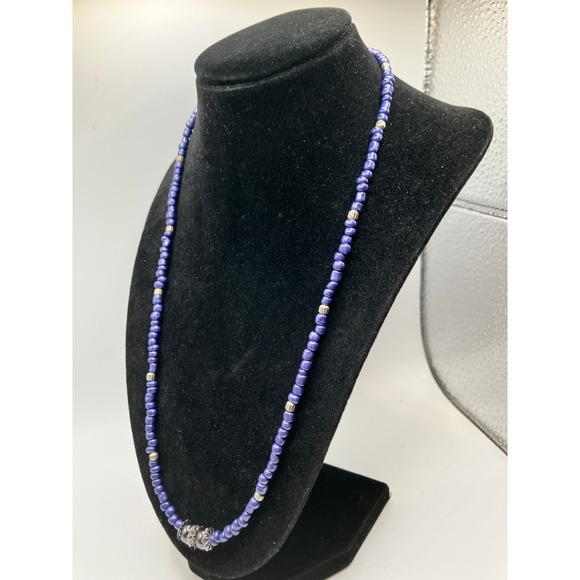 Purple Triangle Seed Beads, Silver-Tone Spacers & Round Metallic Beaded Necklace - Picture 6 of 13